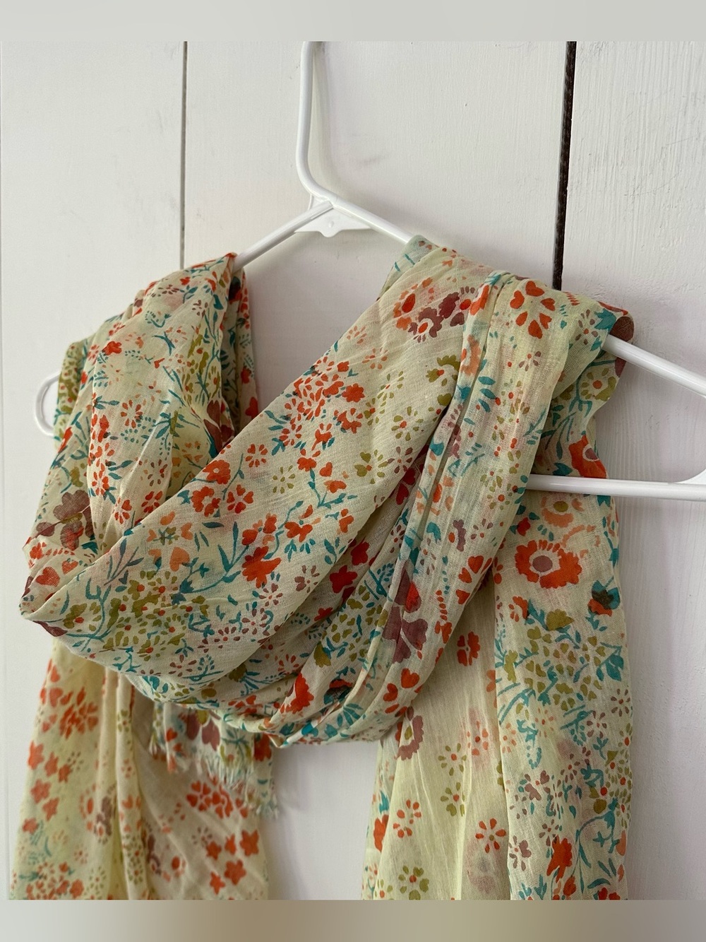 Vintage Sheer Floral Scarf Light Butter Yellow / Multicolor Raw Hem